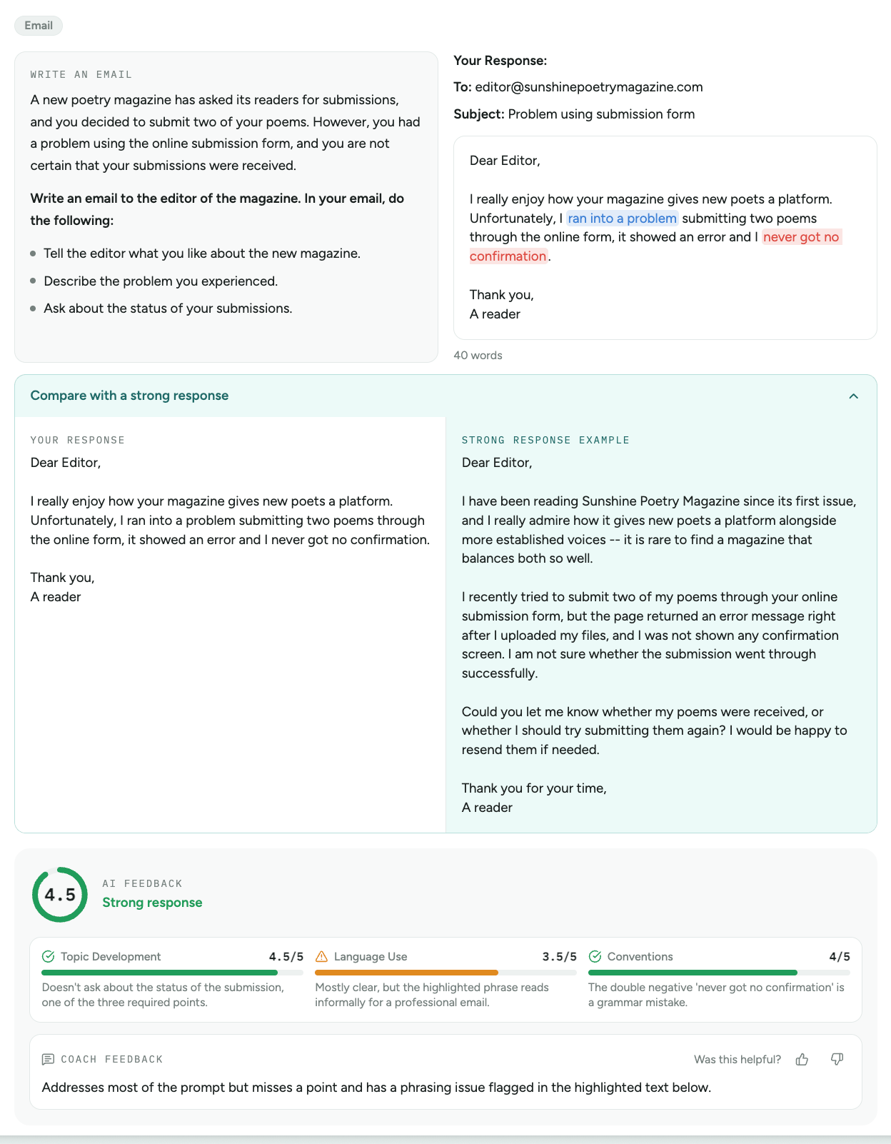 AI writing feedback showing a graded response with sentence-level highlights and a band score