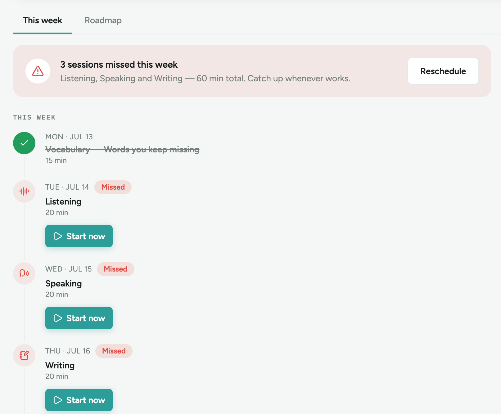 Daily study plan with tasks and progress