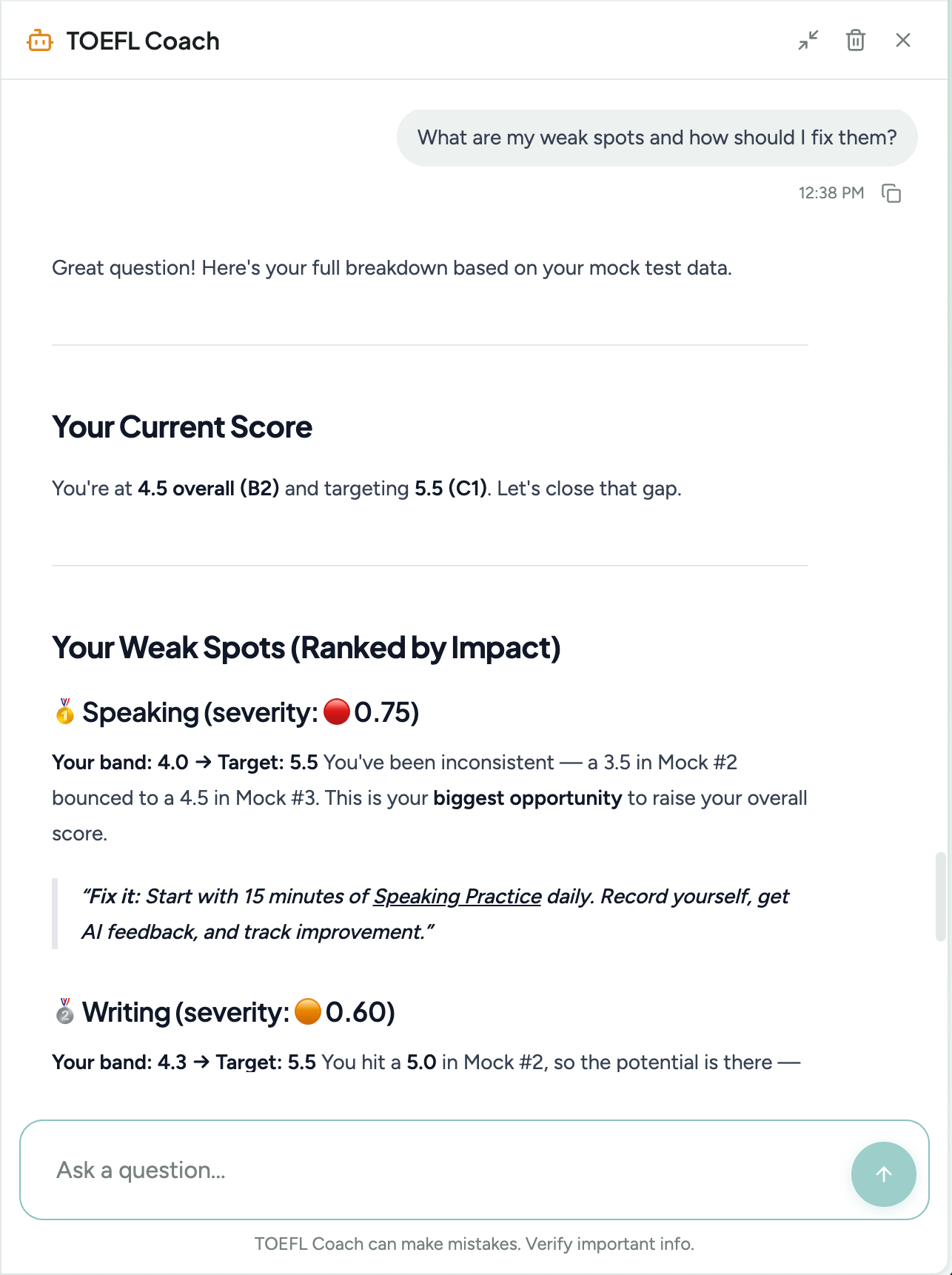TOEFL Coach chat answering a question about a weak spot